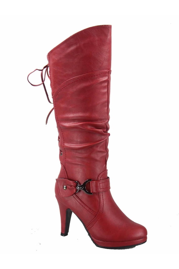 Page-65 Women's Back Lace Up Round Toe High Heel Platform Mid-Calf Knee High Boots ( Red, 7)