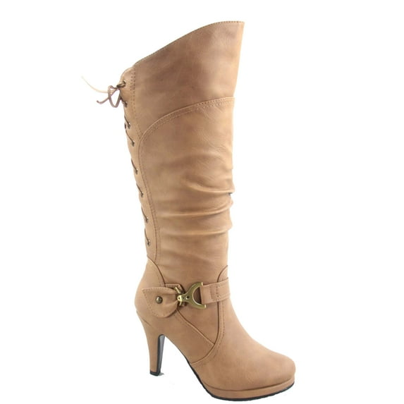 Page-65 Women's Back Lace Up Round Toe High Heel Platform Mid-Calf Knee High Boots ( Taupe, 7.5)