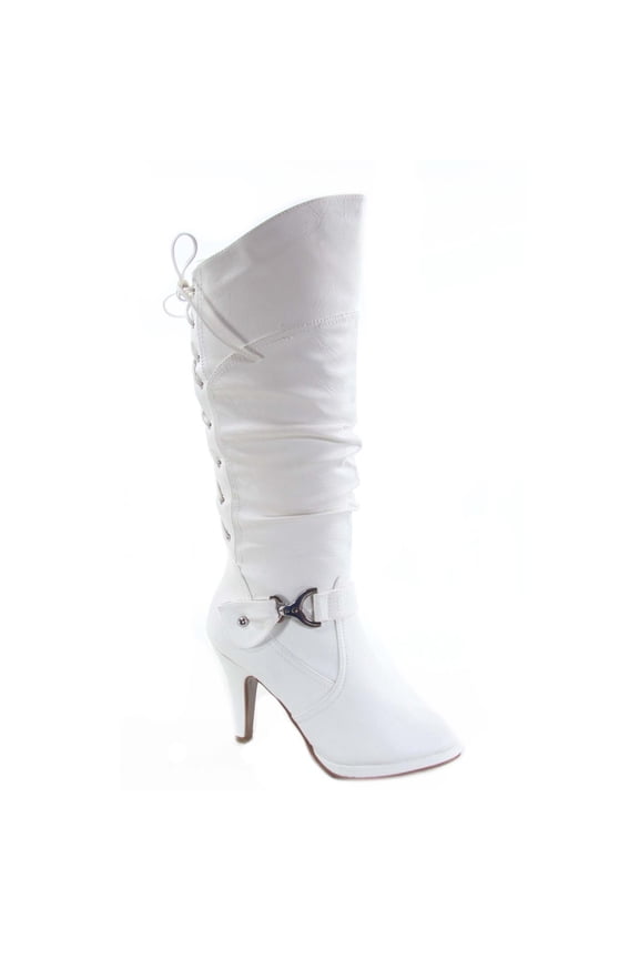 Page-65 Women's Back Lace Up Round Toe High Heel Platform Mid-Calf Knee High Boots ( White, 10)