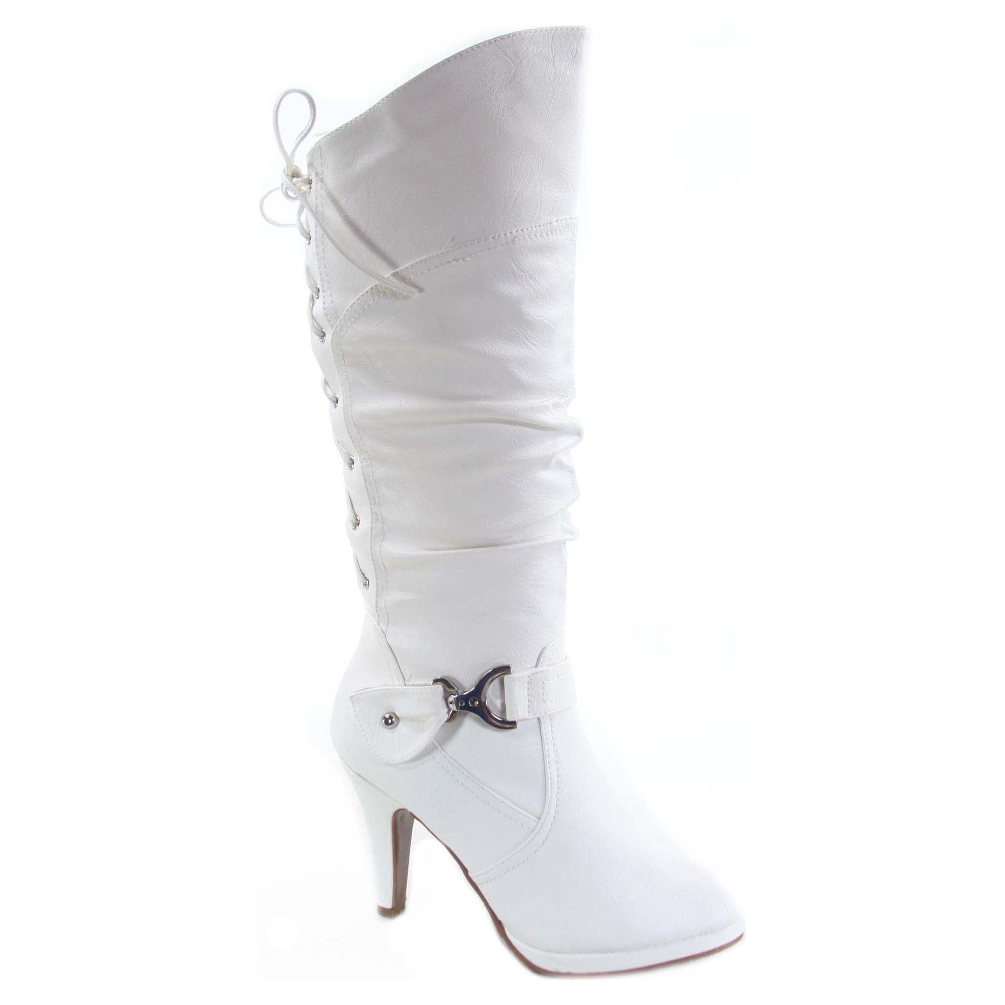Women s Lace Up High Heel Knee High Boots White Kuwait Ubuy