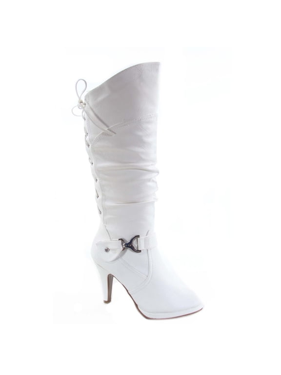 Page-65 Women's Back Lace Up Round Toe High Heel Platform Mid-Calf Knee High Boots ( White, 7.5)