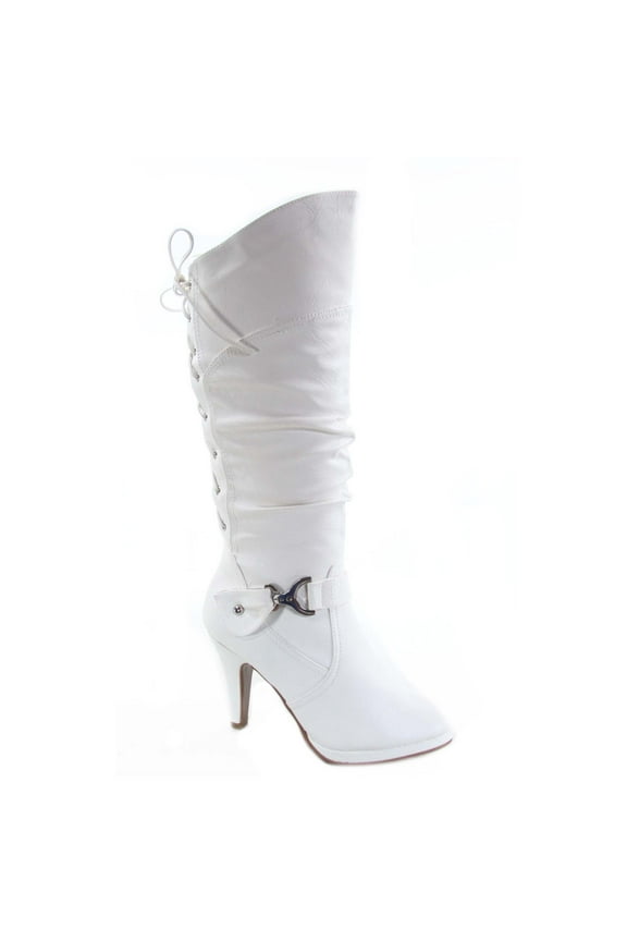 Page-65 Women's Back Lace Up Round Toe High Heel Platform Mid-Calf Knee High Boots ( White, 8)