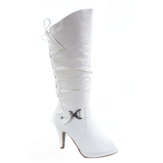 Page-65 Women's Back Lace Up Round Toe High Heel Platform Mid-Calf Knee High Boots ( White, 9)