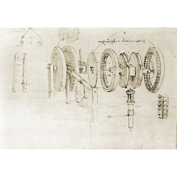 Page From The Notebooks Of Leonardo Da Vinci Showing A Geared Device Disassembled. Ca. 1500. History (24 x