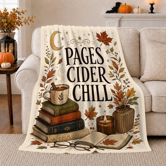 Pages Cider Chill Quote with Books Mug Candle Glasses Moon and Fall Leaves, Cozy Reading Style for Book Fans, Autumn Library Motif and Thanksgiving Gift, Cozy Flannel Blanket, Home Decor
