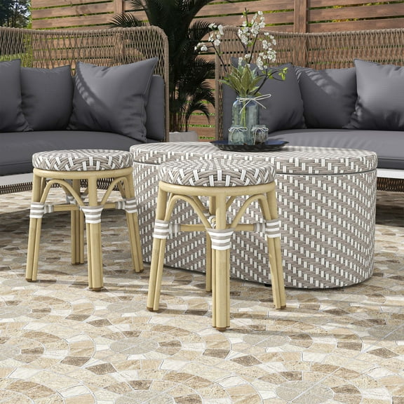 Pagler Aluminum and PE Wicker 3-Piece Patio Coffee Table and Stools Set, Gray and Natural Tone