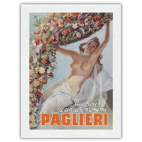 Paglieri-Dai Fiori Le Ciprie i Profumi (From the Flowers come Powders & Scents of Paglieri)-Vintage Advertising Poster by Gino Boccasile c.1946-Japanese Unryu Rice Paper Art Print (Unframed)18x24in
