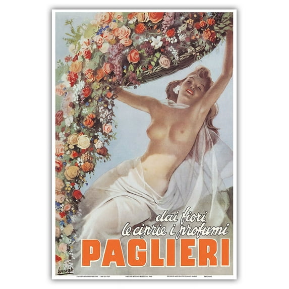 Paglieri - Dai Fiori Le Ciprie i Profumi (From the Flowers come Powders & Scents of Paglieri) - Vintage Advertising Poster by Gino Boccasile c.1946 - Master Art Print (Unframed) 13in x 19in