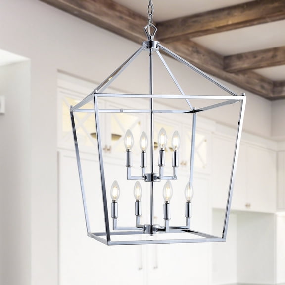 JONATHAN Y Pagoda 20" 8-Light Classic Traditional Metal Cage Lantern LED Pendant, Chrome