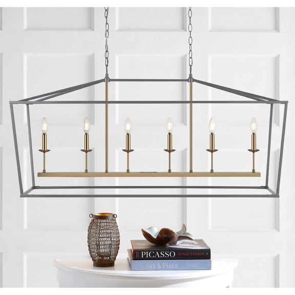 JONATHAN Y Pagoda 49" 6-Light Classic Traditional Metal Linear Cage Lantern LED Pendant, Gray/Brass Gold