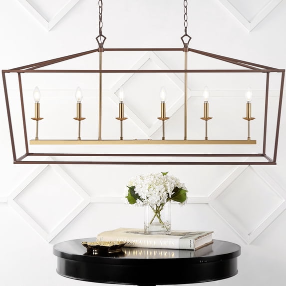 JONATHAN Y Pagoda 49" 6-Light Classic Traditional Metal Linear Cage Lantern LED Pendant, Oil Rubbed Bronze/Brass Gold