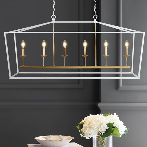 JONATHAN Y Pagoda 49" 6-Light Classic Traditional Metal Linear Cage Lantern LED Pendant, White/Brass Gold