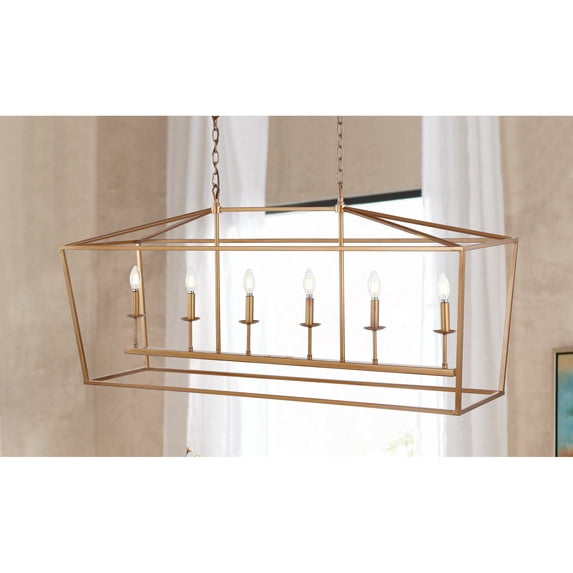 JONATHAN Y Pagoda 49" 6-Light Classic Traditional Metal Linear Cage Lantern LED Pendant, Antique Gold