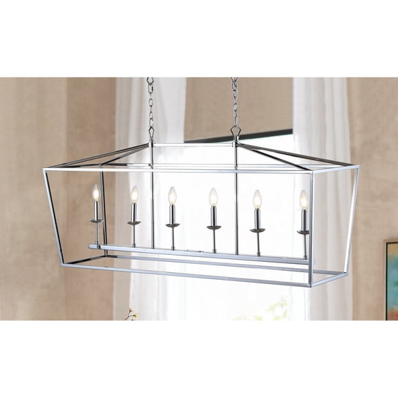 JONATHAN Y Pagoda 49" 6-Light Classic Traditional Metal Linear Cage Lantern LED Pendant, Chrome