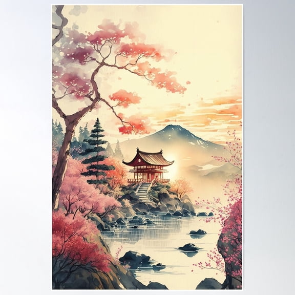 Pagoda And Cherry Blossoms - Beautiful Japanese Watercolor Landscape Poster Wall Art, Modern Wall Decor For Living Room Bedroom, 12x18 UNFRAMED