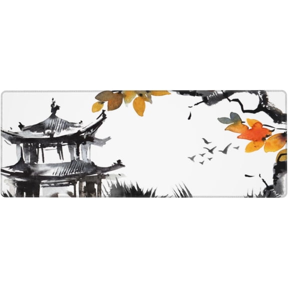 Pagoda and Autumn Tree Mouse Pad, Waterproof Extended Large Gaming Mousepad Desktop, Big Long Non-Slip Mouse Mat for Laptop, Keyboard, Computer for Decor Office, 31.5 * 11.8 in