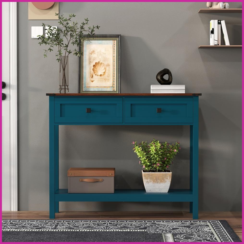 Multi Purpose Console Pagoda Blue & Dark Brown Rustic Coffee Table with 2 Drawers & Shelf ...