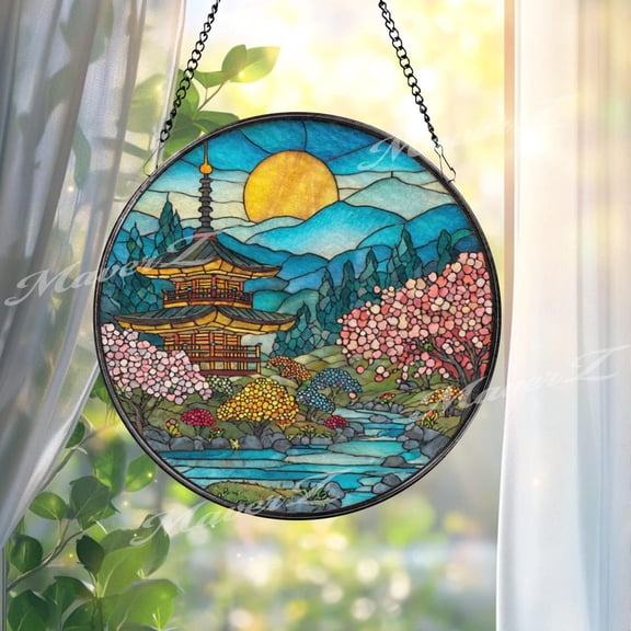 Pagoda Garden Glass Suncatcher, Round Japanese Temple Panel, Zen Home Decor, 3.5 in
