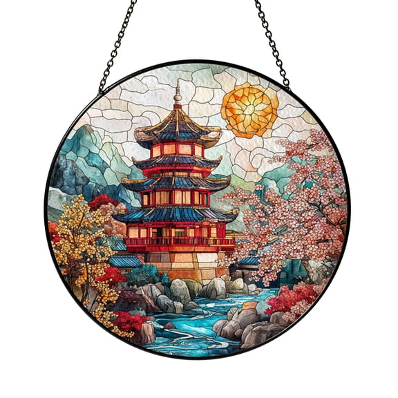 Pagoda Garden Stained Glass Suncatcher, Round Japanese Temple Window Panel with Cherry Blossoms and River, Zen Home Decor Gift