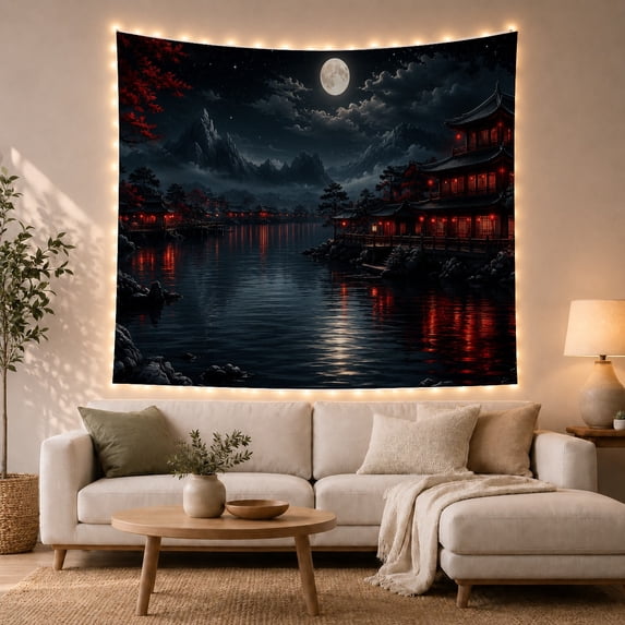 Pagoda Landscape With Moon On Calm Water, Mystical Japanese Inspired For Art Lovers, Serene Night Art Decor, Housewarming Gift Tapestry Wall Hanging For Bedroom And Living Room