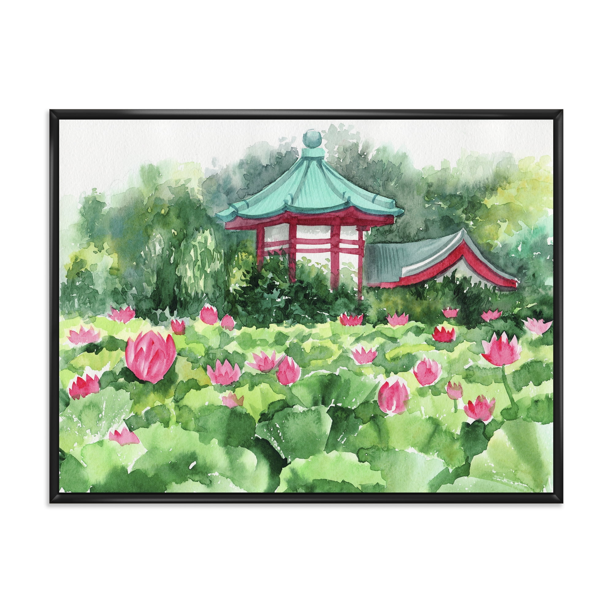 Pagoda and Lotus Lake 32 in x 24 in Framed Painting Canvas Art Print, by Designart