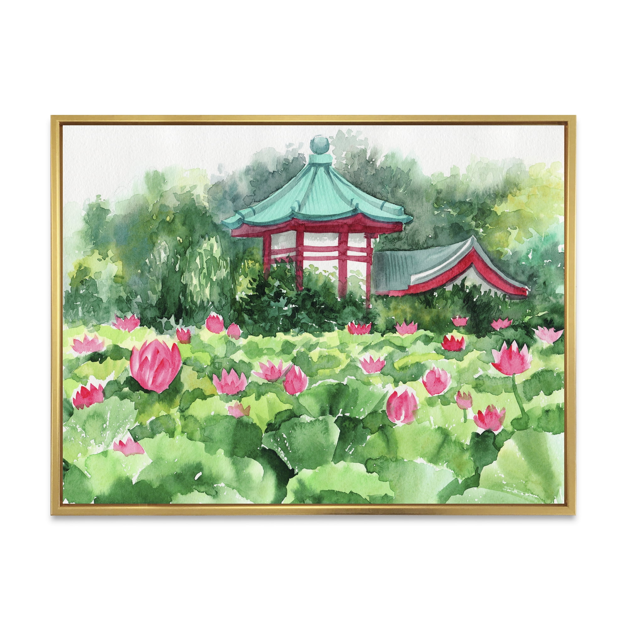 Pagoda and Lotus Lake 40 in x 30 in Framed Painting Canvas Art Print, by Designart