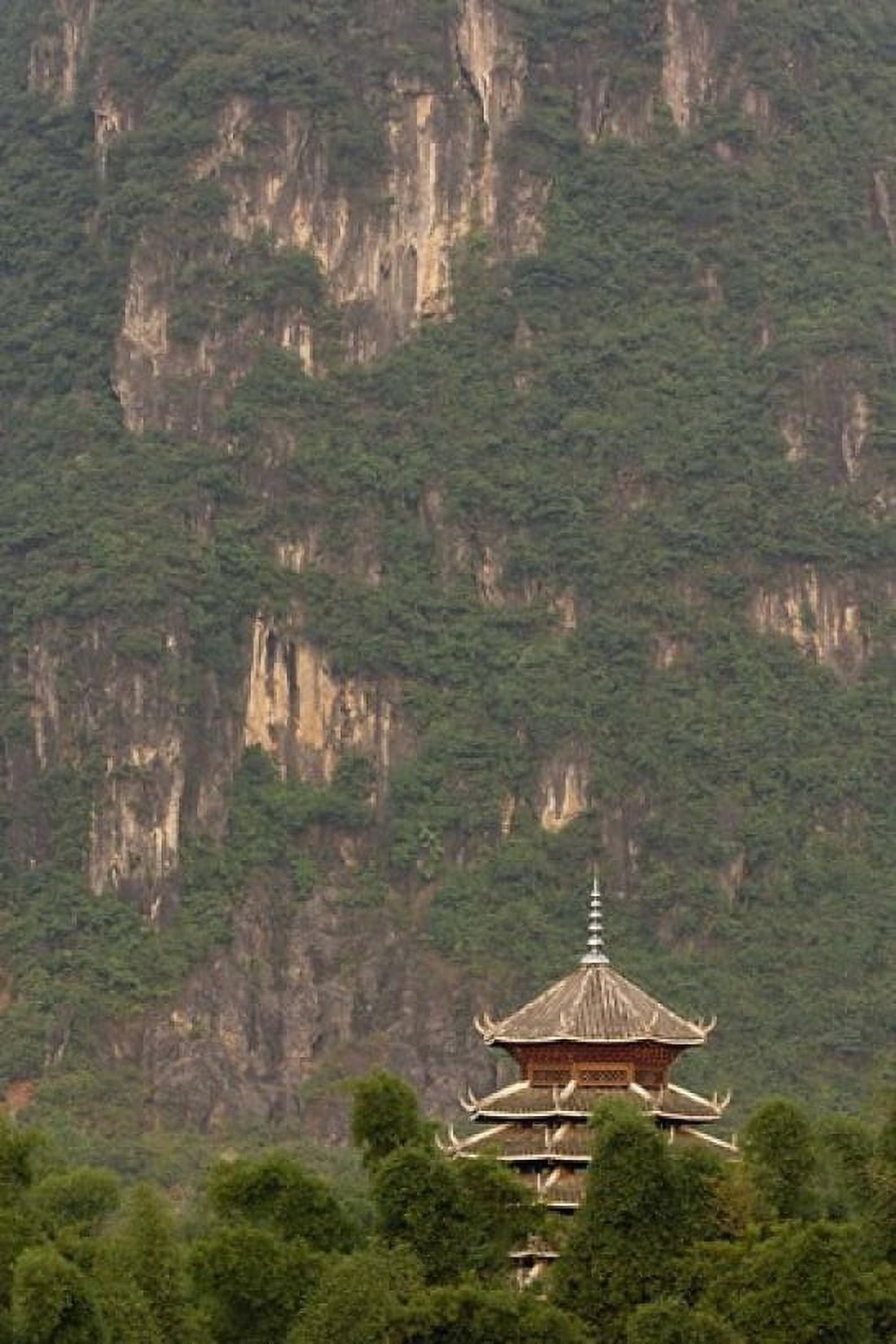 Pagoda and giant karst peak behind Yangshuo Bridge China Canvas Art - Adam Jones DanitaDelimont (23 x 35)
