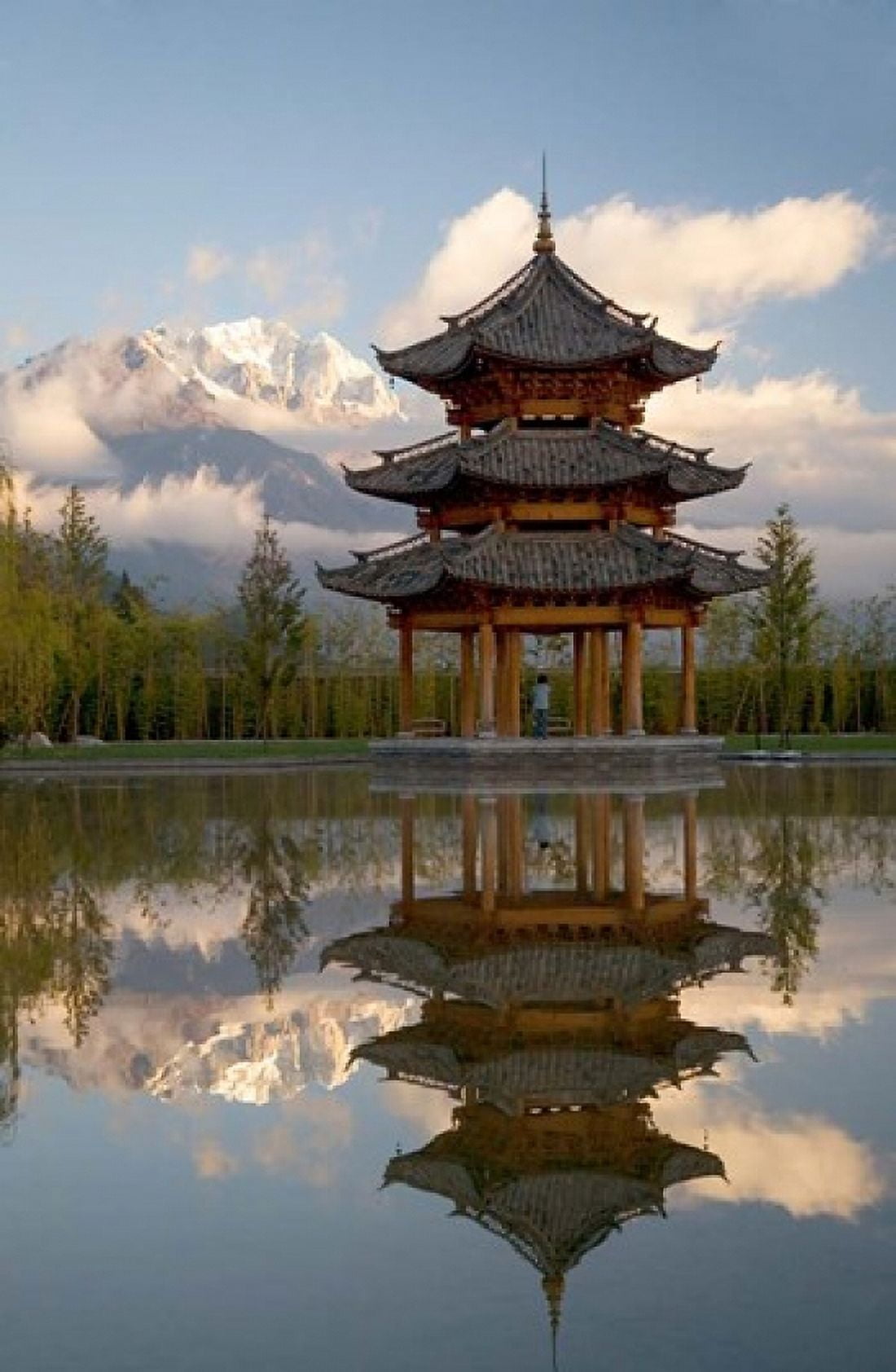 Pagoda in pond Valley of Jade Dragon Snow Mountain Canvas Art - Dave Bartruff DanitaDelimont (23 x 34)