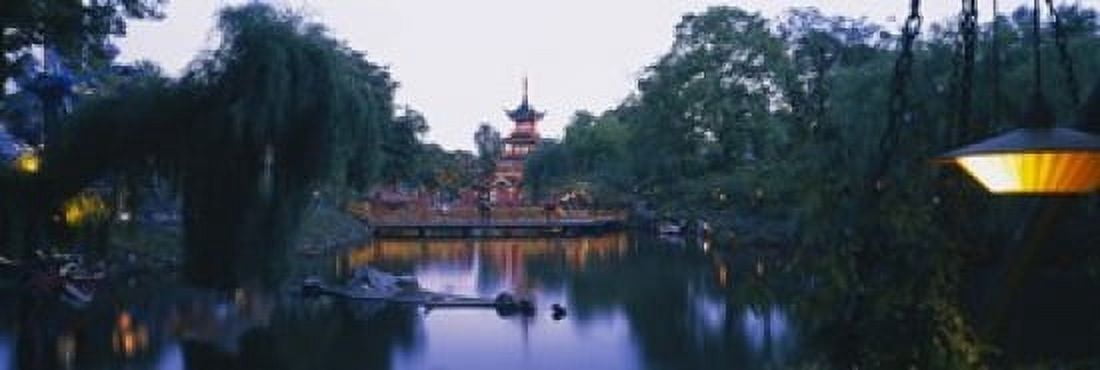 Pagoda lit up at dusk Tivoli Gardens Copenhagen Denmark Canvas Art - Panoramic Images (18 x 6)