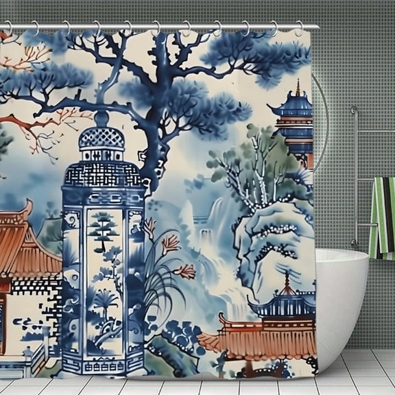 Pagodas Blue White Print Shower Curtain,Modern Fabric Waterproof Shower Curtain Set with Hooks,70.8×70.8Inch