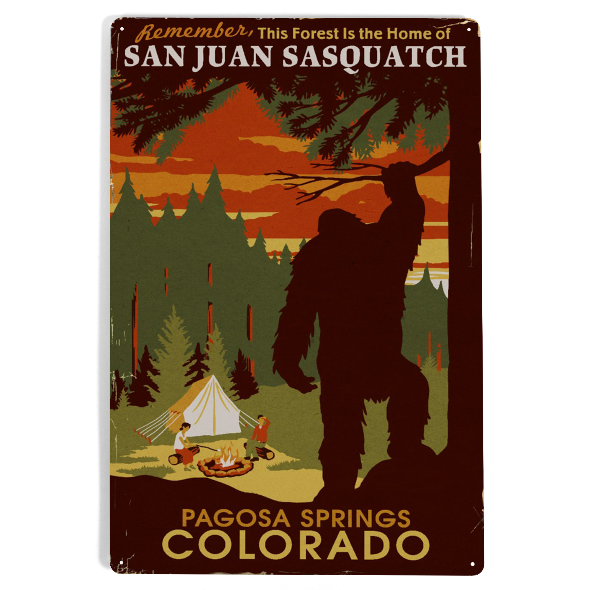 Pagosa Springs, Colorado, Home of Sasquatch (12x18 Aluminum Art, Indoor