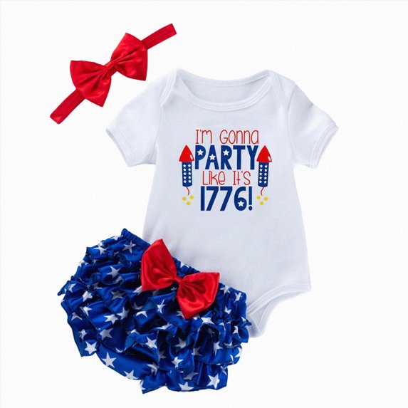 Paguaki Baby Girl 4th Of July Outfits Independence Day Letter Print Top And Shorts 3-Piece Set With Headband First Fourth Of July Set