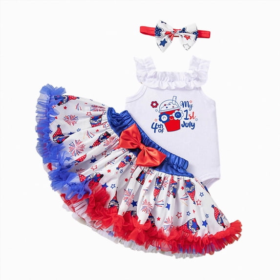 Paguaki Baby Girl Clothes Independence Day Cute Printed Sleeveless Romper And Skirt 3-Piece Set With Headband Summer Outfit