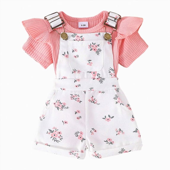 Paguaki Baby Girl Romper Set Newborn Infant Baby Girl Summer Clothes Ribbed Ruffle Short Sleeve Romper Suspender Overall Shorts 2Pc Outfits