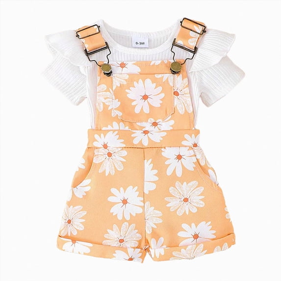 Paguaki Baby Girl Romper Set Newborn Infant Baby Girl Summer Clothes Ribbed Ruffle Short Sleeve Romper Suspender Overall Shorts 2Pc Outfits