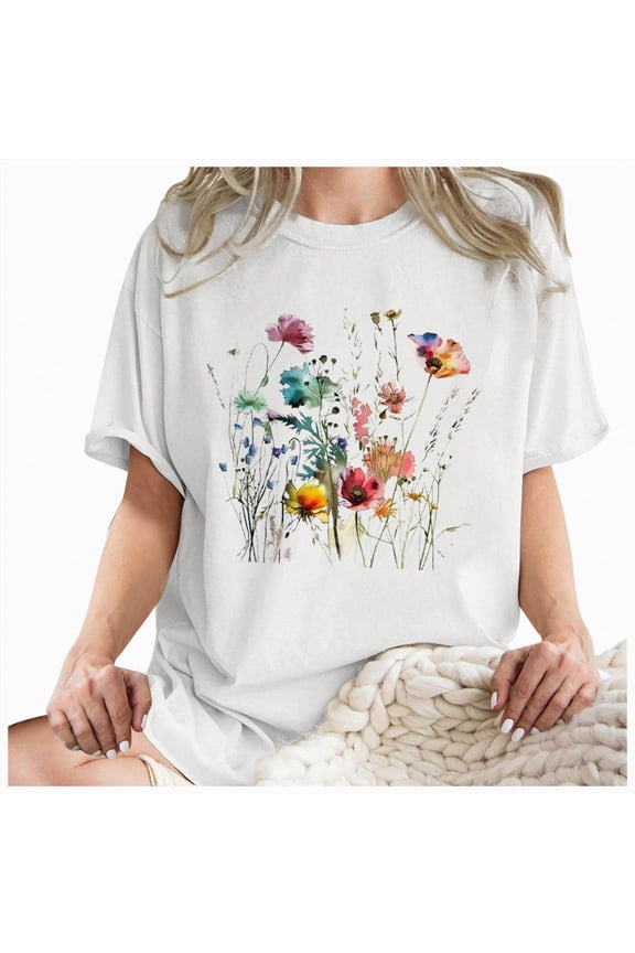 Cute Spring Tshirt Oversized Floral Graphic Tees Vintage Wildflower Shirt Womens Boho Hiking T Shirt Summer Plant Tops