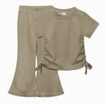 thumbnail image 1 of Paguaki Girls 2 Outfits Short Sleeve Ruched Drawstring Crewneck Tops Flare Leg Pants Summer Clothing Sets, 1 of 5