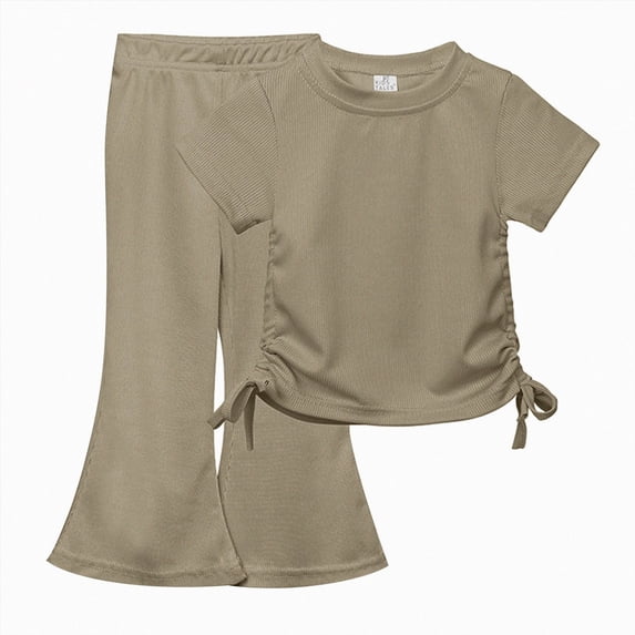 Paguaki Girls 2 Outfits Short Sleeve Ruched Drawstring Crewneck Tops Flare Leg Pants Summer Clothing Sets