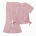 thumbnail image 1 of Paguaki Girls 2 Outfits Short Sleeve Ruched Drawstring Crewneck Tops Flare Leg Pants Summer Clothing Sets, 1 of 6