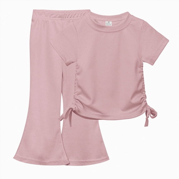 Paguaki Girls 2 Outfits Short Sleeve Ruched Drawstring Crewneck Tops Flare Leg Pants Summer Clothing Sets