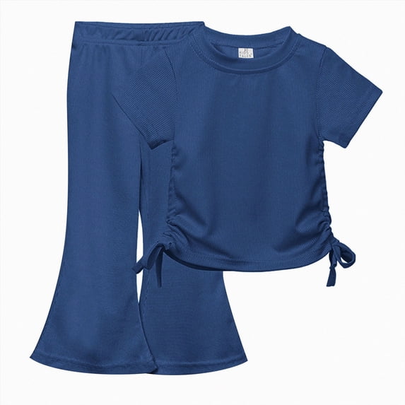 Paguaki Girls 2 Outfits Short Sleeve Ruched Drawstring Crewneck Tops Flare Leg Pants Summer Clothing Sets