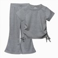 thumbnail image 1 of Paguaki Girls 2 Outfits Short Sleeve Ruched Drawstring Crewneck Tops Flare Leg Pants Summer Clothing Sets, 1 of 6