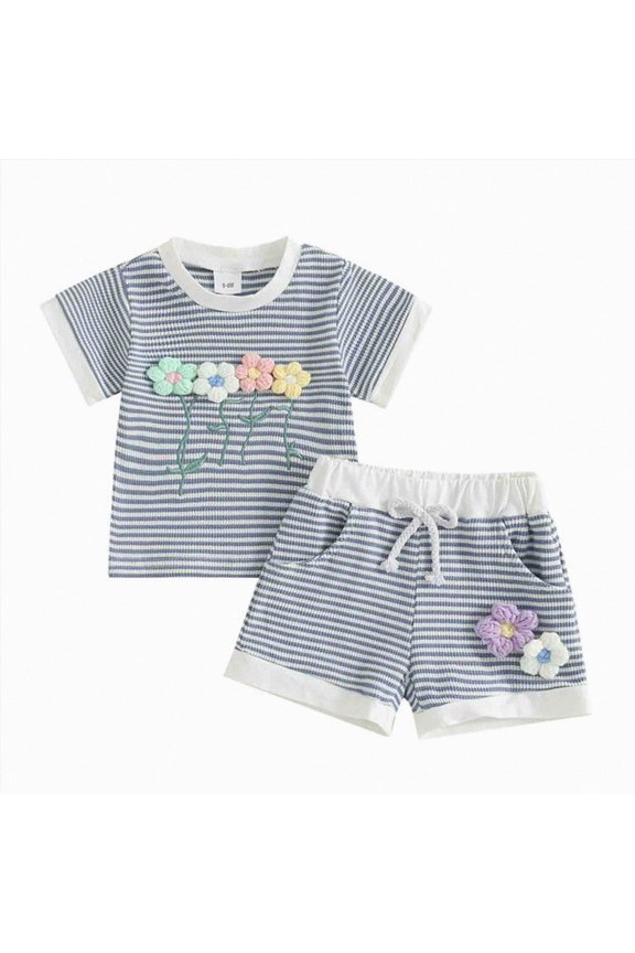 Girls Summer Round Neck Stripe and 3D Floral Print Short Sleeve Suit 2 Piece Set