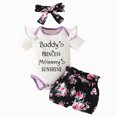 thumbnail image 1 of Paguaki Infant Baby Girl Clothes Letter Print Ruffle Ribbed Romper And Floral Shorts 3-Piece Set With Headband Newborn Summer Outfit, 1 of 4