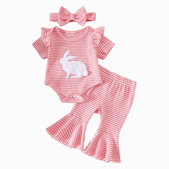 Paguaki Outfits Baby Girl Striped Rabbit Print Short Sleeve Romper Bodysuit Flared Pants Headband 3-Piece Set 3-6 Months