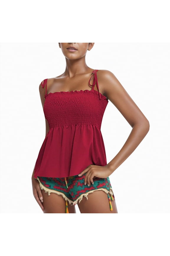 Smocked Tank Tops for Women Summer Square Neck Sleeveless Tops Tie Shoulder Spaghetti Strap Blouse Babydoll Peplum Cami Shirts