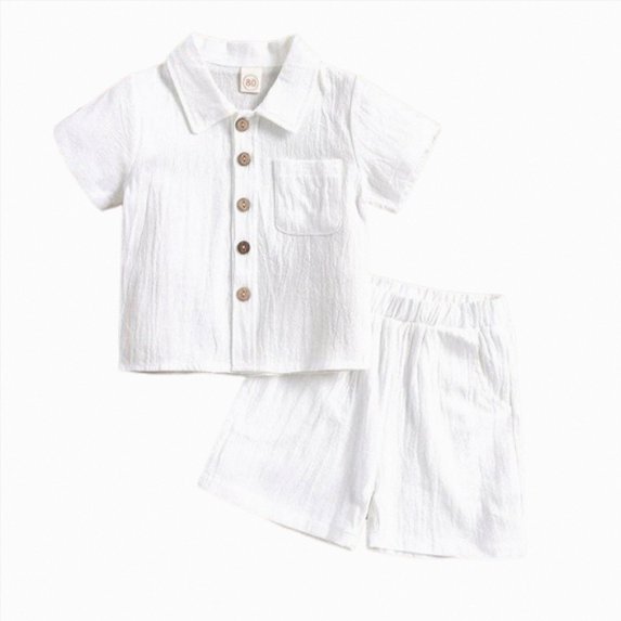 Paguaki Toddler Baby Boy Clothes Spring Summer Cotton Solid Print Short Sleeve Shirt And Shorts 2-Piece Outfits Suit