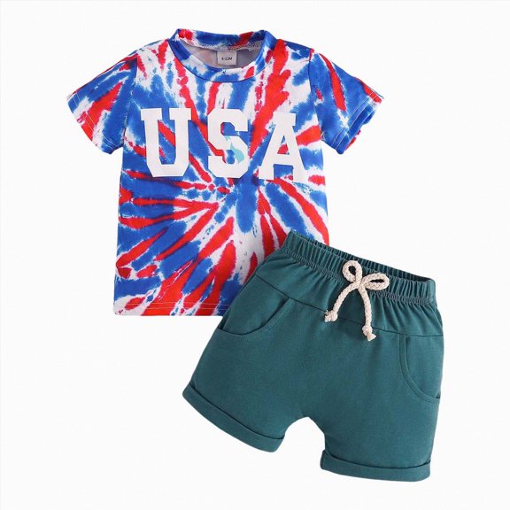Paguaki Toddler Boy 4th of July Outfit Letter Short Sleeve T-Shirt and Shorts Summer Clothes Set