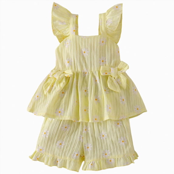 Paguaki Toddler Girl Clothes Cute Bow Button Smocked Ruffle Sleeve Top And Shorts Baby Summer Spring Outfits Set