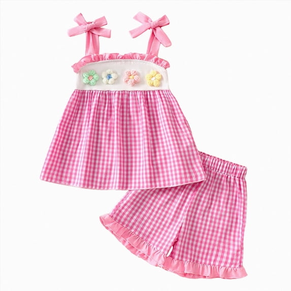 Paguaki Toddler Girls Clothes 1T 2T 3T 4T 5T Summer Outfits Floral Ruffle Spaghetti Strap Tank Top And Gingham Shorts 2-Piece Set